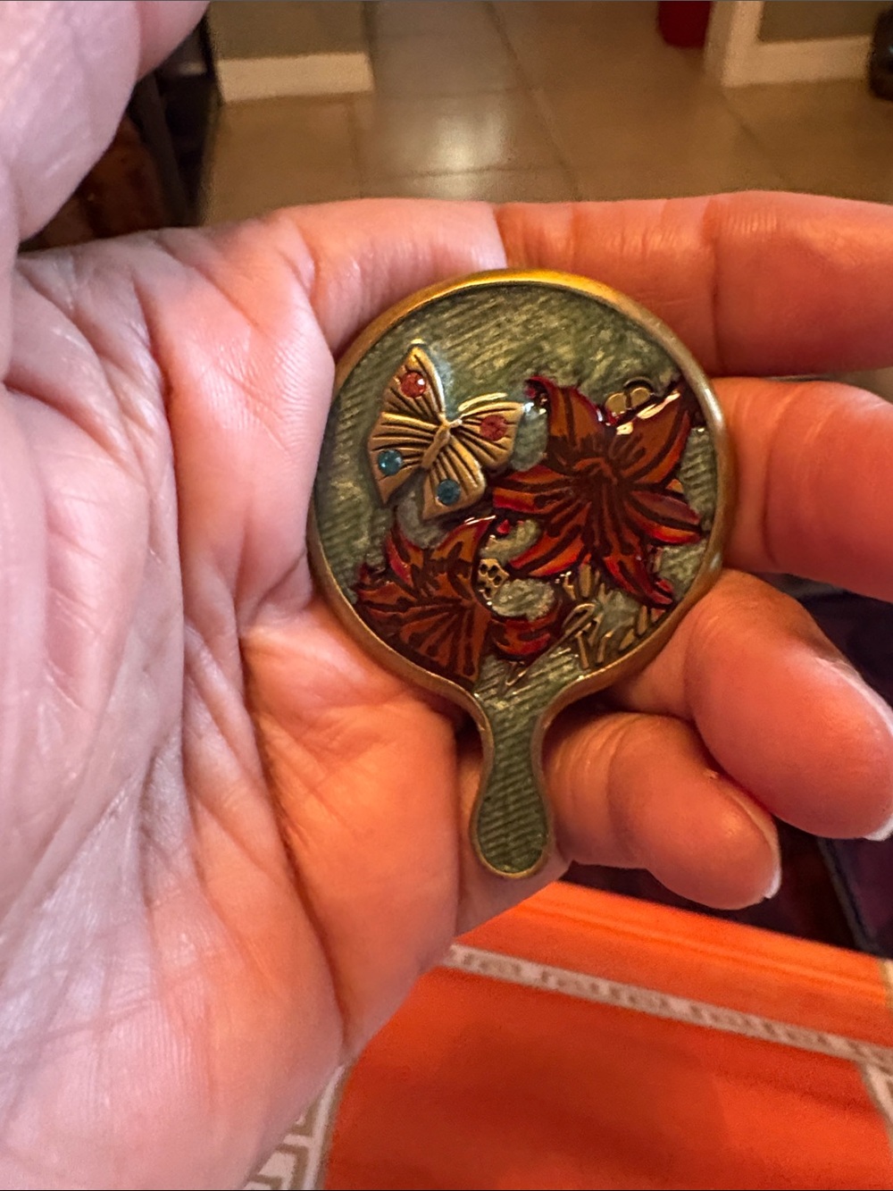 Jay Strongwater Enamel Butterfly & Floral Hand Mirror - Teal, Red, Gold Accents